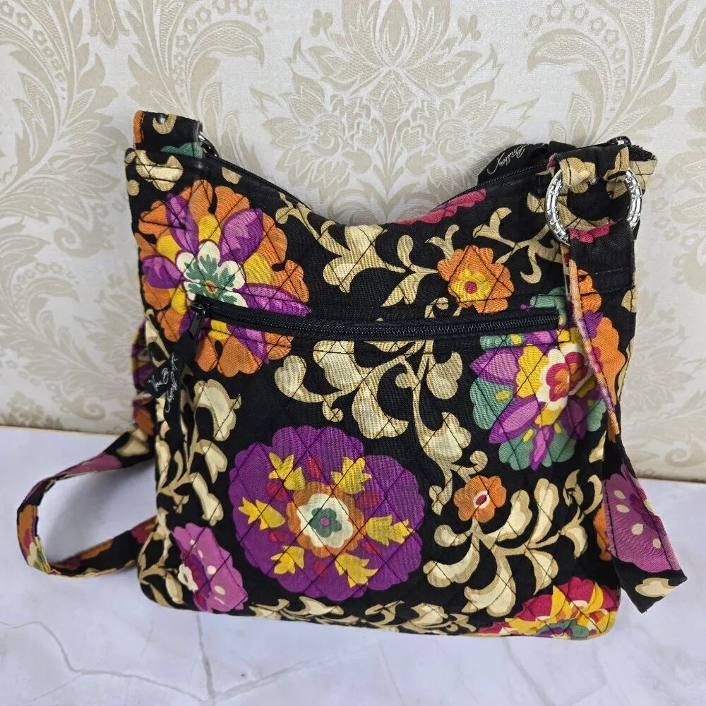 Vera Bradley Cotton Quilted Crossbody Bag Black Pink Orange Adjustable Strap